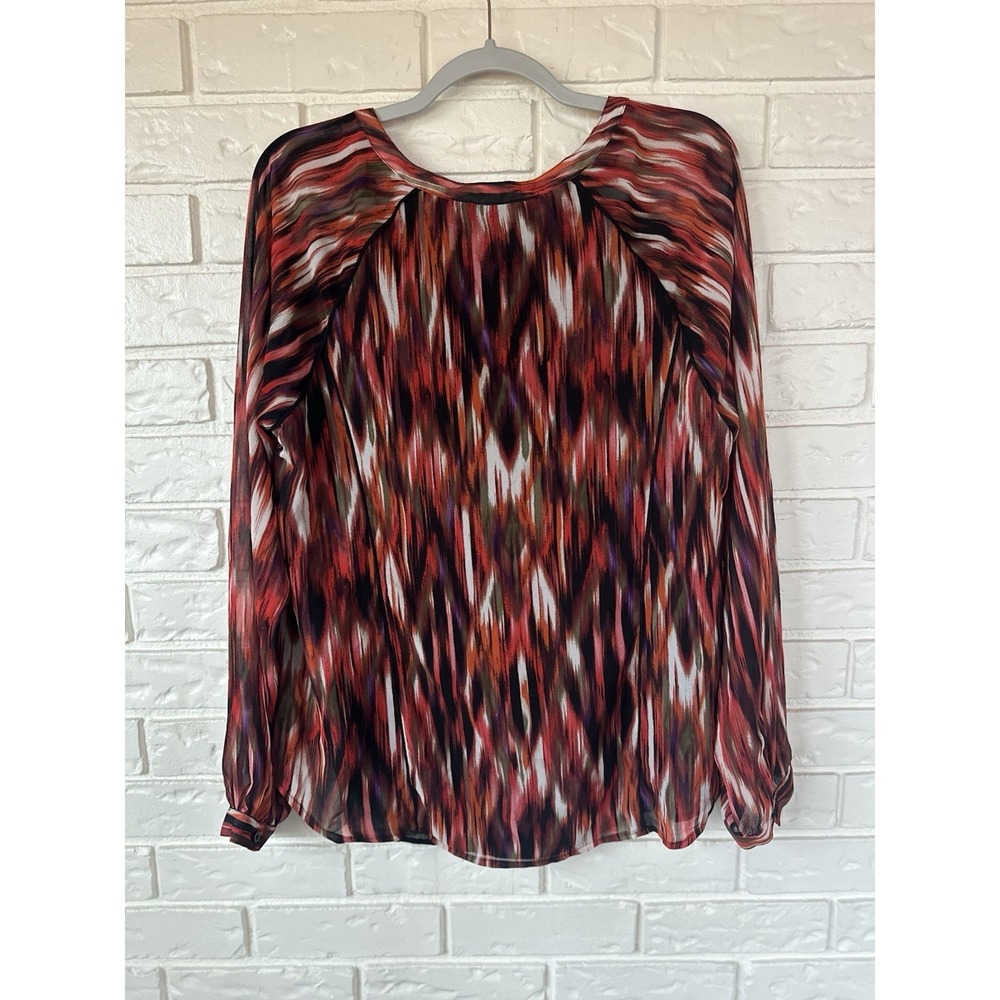 Calvin Klein Women's Multicolor Ikat Print Sheer Chiffon Hi-Low Blouse Medium - Picture 2 of 9